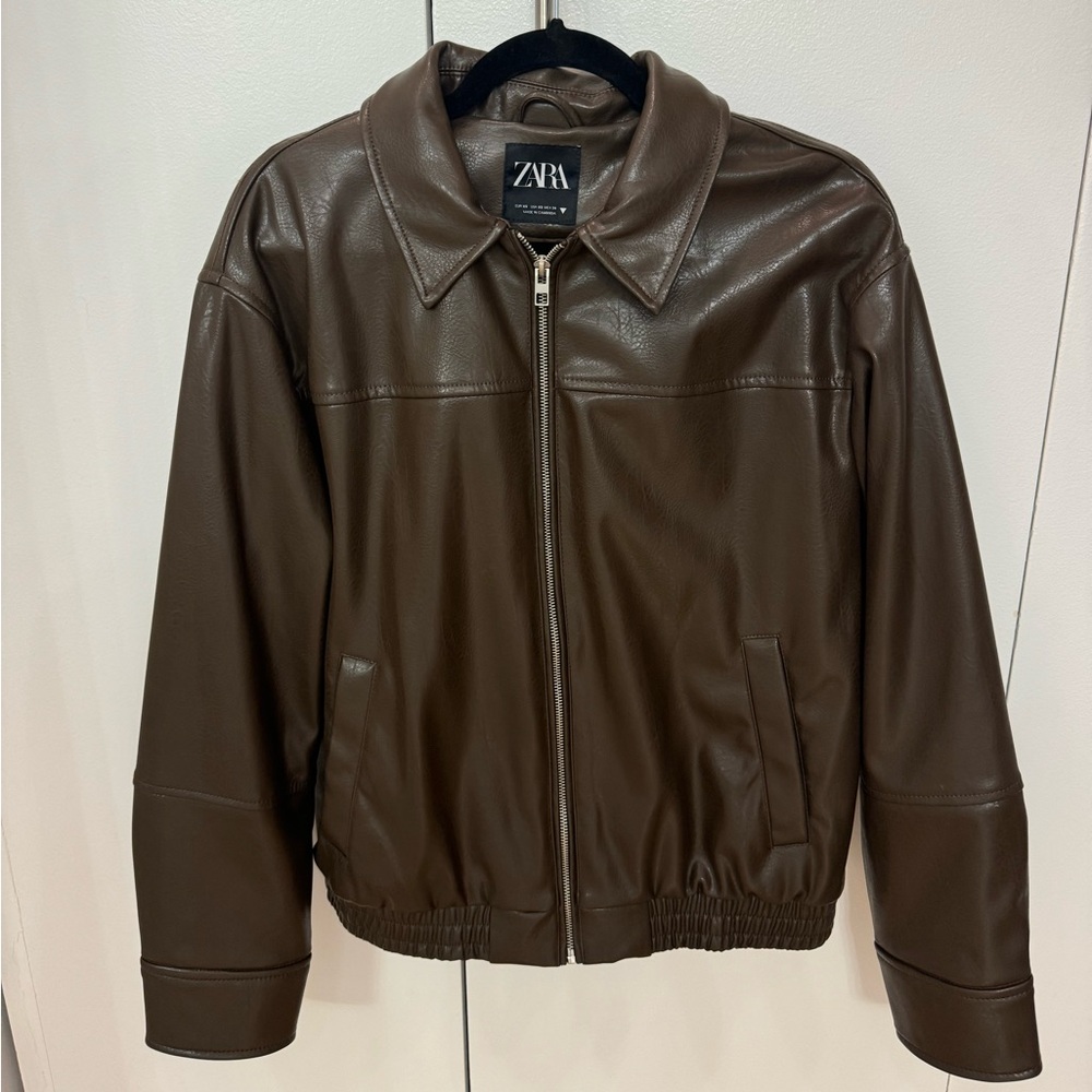 Zara Faux Leather Bomber Jacket in Brown